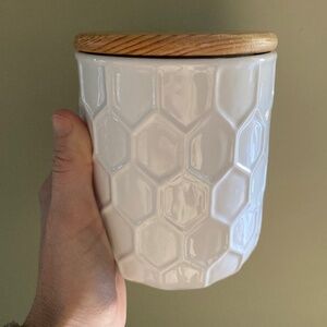 TWO Ceramic White Containers with Honey Comb Pattern